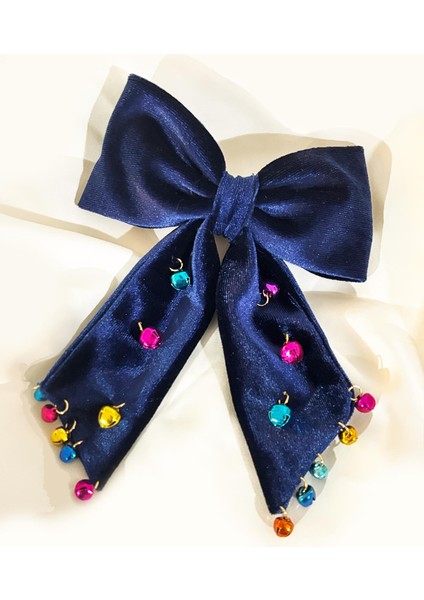 Yılbaşı Lacivert Kadife Fiyonk Renkli Çan Sallantılı Eğlenceli Toka