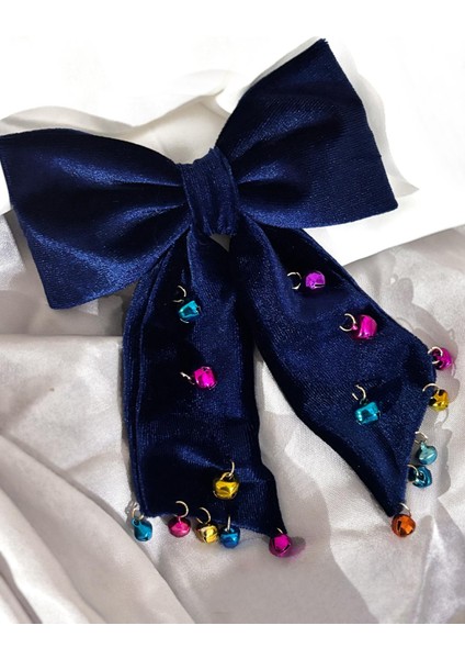 Yılbaşı Lacivert Kadife Fiyonk Renkli Çan Sallantılı Eğlenceli Toka indirimleri