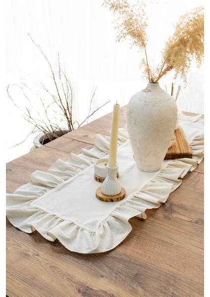 Rufle I Runner Naturel Fırfırlı Keten Vintage 40 x 110 cm