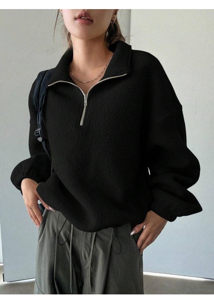 Streetwear Detail Peluş Fermuarlı Siyah Ceket