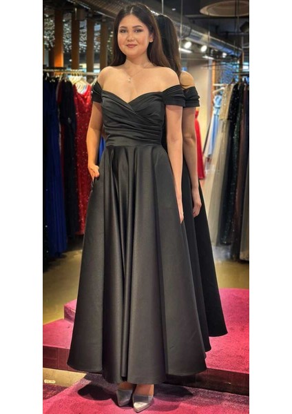 Siyah Kloş Etekli Saten Midi Abiye Elbise 7672