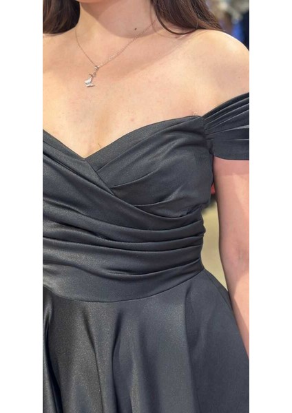 Siyah Kloş Etekli Saten Midi Abiye Elbise 7672 fırsatları