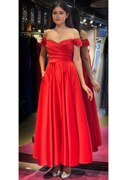 Kırmızı Kloş Etekli Saten Midi Abiye Elbise 7672