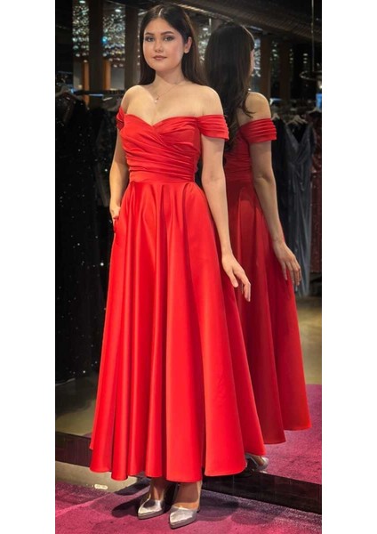 Kırmızı Kloş Etekli Saten Midi Abiye Elbise 7672 modelleri