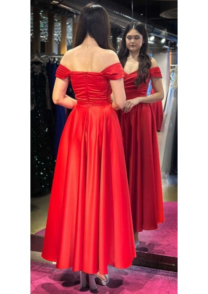 Kırmızı Kloş Etekli Saten Midi Abiye Elbise 7672 indirimleri