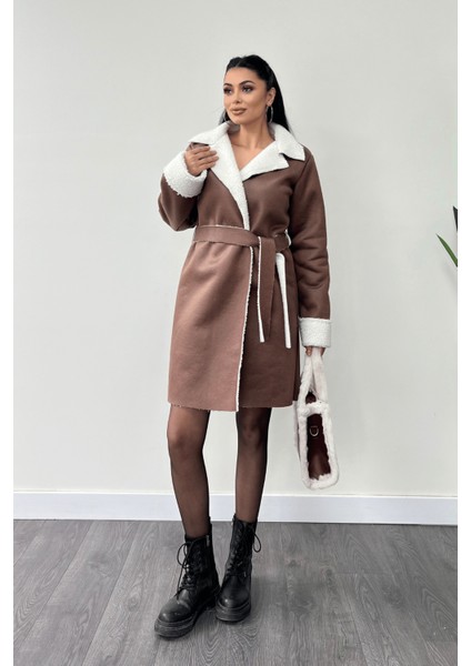 Kürklü Deri Kaban - Kahverengi