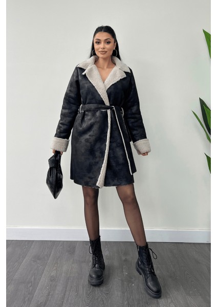 Kürklü Deri Kaban - Siyah