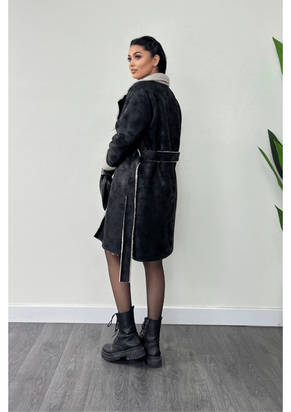 Kürklü Deri Kaban - Siyah indirimleri