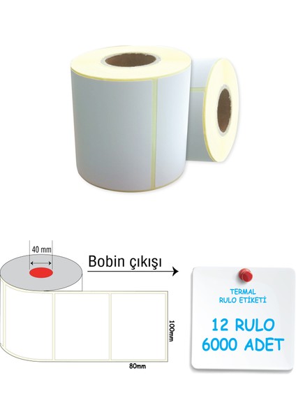 Termal Barkod Etiketi 80X100MM 12 Rulo 500 Sarım