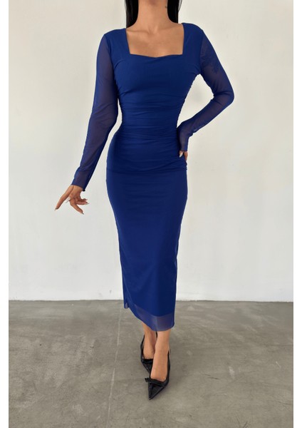 Tül Kumaş Büzgü Detaylı Kalem Elbise - Mavi fiyatları