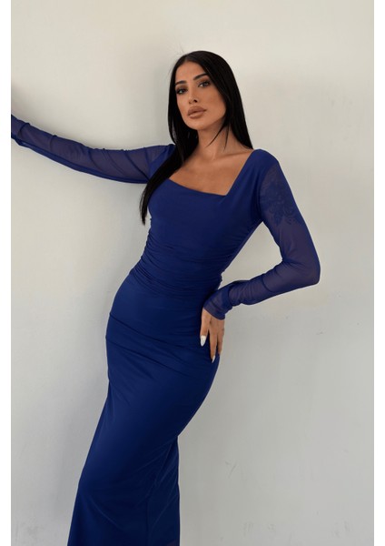 Tül Kumaş Büzgü Detaylı Kalem Elbise - Mavi modelleri