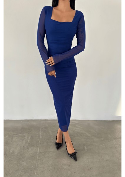 Tül Kumaş Büzgü Detaylı Kalem Elbise - Mavi fırsatları