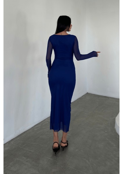 Tül Kumaş Büzgü Detaylı Kalem Elbise - Mavi indirimleri