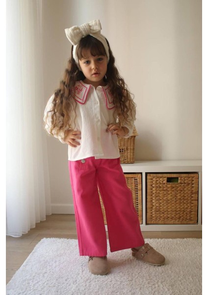 Yaka Nakışlı Gömlek Gabardın Pantolon Kız çocuk takım - Fuşya