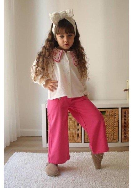 Yaka Nakışlı Gömlek Gabardın Pantolon Kız çocuk takım - Fuşya fiyatları