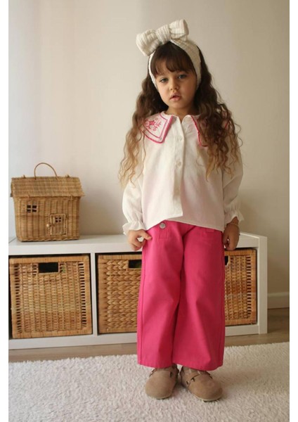 Yaka Nakışlı Gömlek Gabardın Pantolon Kız çocuk takım - Fuşya modelleri