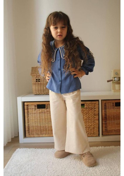 Yaka Nakışlı Gömlek Gabardın Pantolon Kız çocuk takım - Mavi