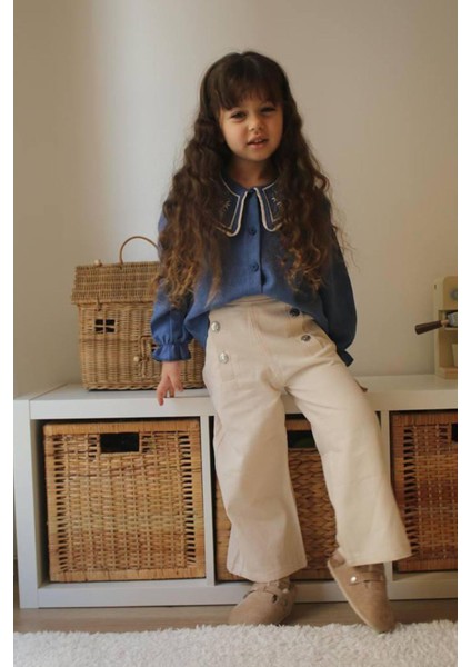 Yaka Nakışlı Gömlek Gabardın Pantolon Kız çocuk takım - Mavi fiyatları