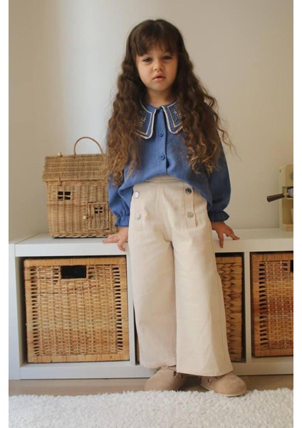 Yaka Nakışlı Gömlek Gabardın Pantolon Kız çocuk takım - Mavi modelleri