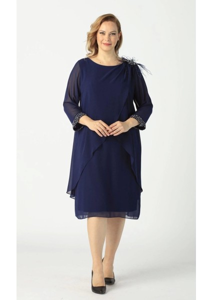 21958 Lacivert Pelerinli Tüylü Işlemeli Büyük Beden Şifon Kısa Abiye Elbise fiyatları
