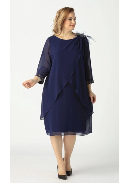 21958 Lacivert Pelerinli Tüylü Işlemeli Büyük Beden Şifon Kısa Abiye Elbise modelleri