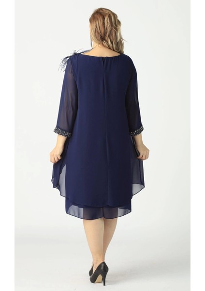 21958 Lacivert Pelerinli Tüylü Işlemeli Büyük Beden Şifon Kısa Abiye Elbise fırsatları