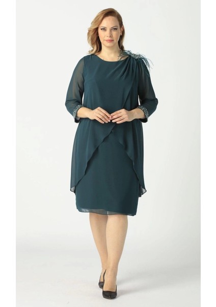 21958 Petrol Pelerinli Tüylü Işlemeli Büyük Beden Şifon Kısa Abiye Elbise modelleri