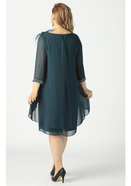 21958 Petrol Pelerinli Tüylü Işlemeli Büyük Beden Şifon Kısa Abiye Elbise fırsatları