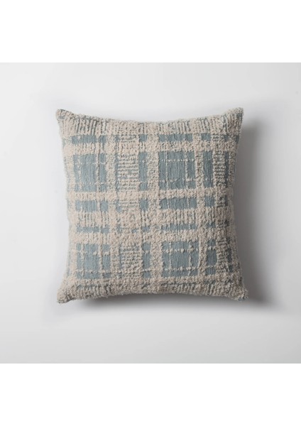 Teddy - Mavi Bej Viskon Ekose Desenli Tüylü Kırlent 45 x 45 - Mavi (Ic Yastık Dahil)