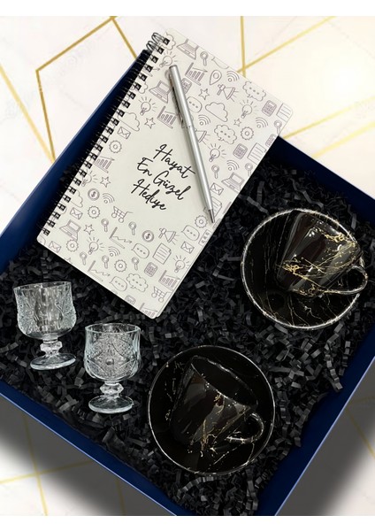 Ahşap Kapaklı Defter,metal Kalem,kahve Yanı Su Bardağı,2 Li Siyah Fincan Takımı,, Kutusu fiyatları