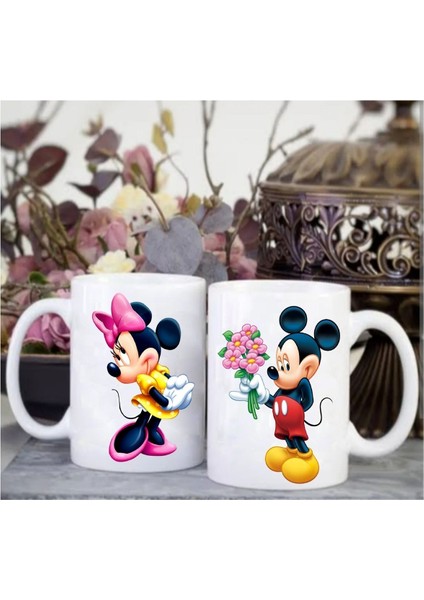 2li Mickey ve Minnie Baskılı Aşk Kupa Seti Sevgiliye Hediye