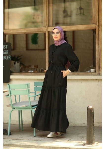 6559-DENIM Büzgülü Telsel Elbise Siyah