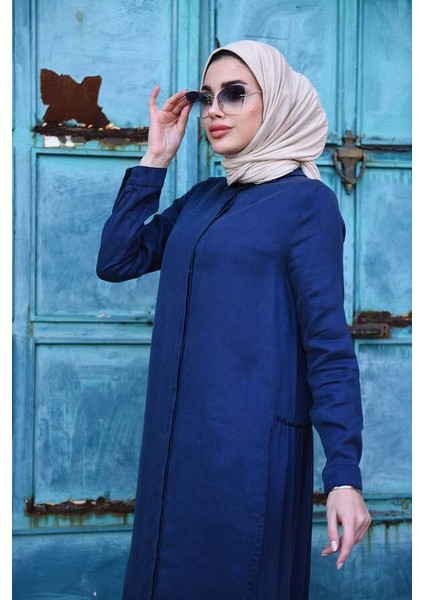6425-DENIM Büzgülü Katlı Elbise Lacivert