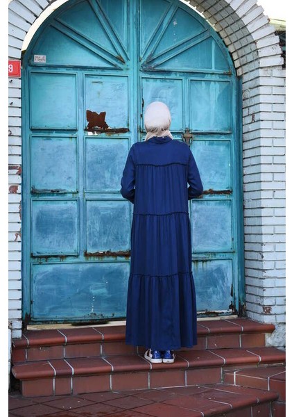 6425-DENIM Büzgülü Katlı Elbise Lacivert fiyatları