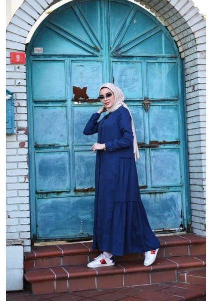 6425-DENIM Büzgülü Katlı Elbise Lacivert modelleri