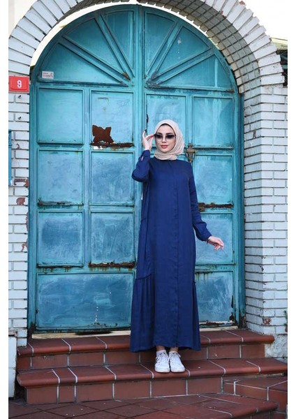 6425-DENIM Büzgülü Katlı Elbise Lacivert fırsatları