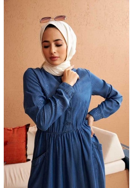 6575-DENIM Tensel Elbise Koyu Mavi modelleri