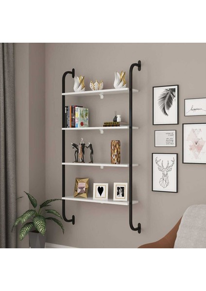 4 Bölmeli Metal Dekoratif Duvar Rafı Beyaz
