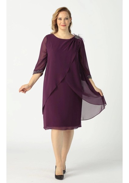 21958 Mürdüm Pelerinli Tüylü Işlemeli Büyük Beden Şifon Kısa Abiye Elbise fiyatları