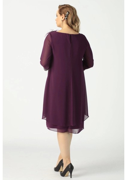 21958 Mürdüm Pelerinli Tüylü Işlemeli Büyük Beden Şifon Kısa Abiye Elbise fırsatları