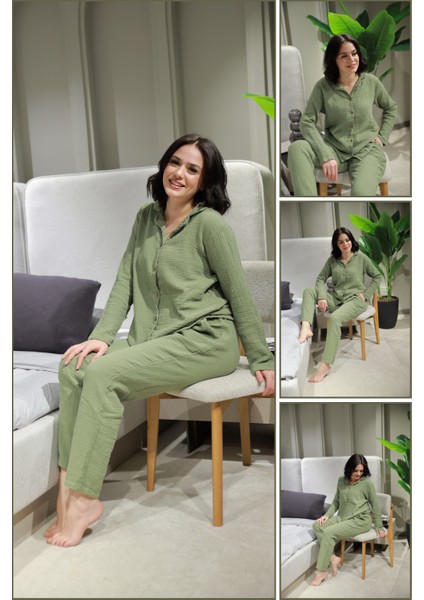 Doğal Pamuk Uzun Kollu Müslin Kadın Pijama Takımı