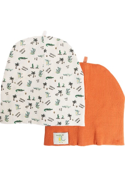 Timsah Desenli Erkek 2li Kaşkorse Örme Bere Erkek Bebek