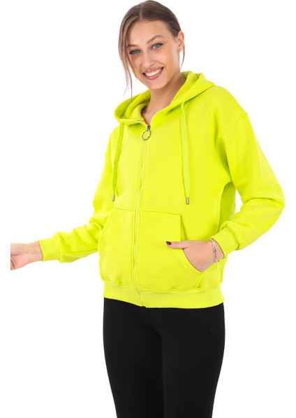 Kapüşonlu Cepli Neon Yeşili Renk Üç Iplik Sweatshirt (PCST046)