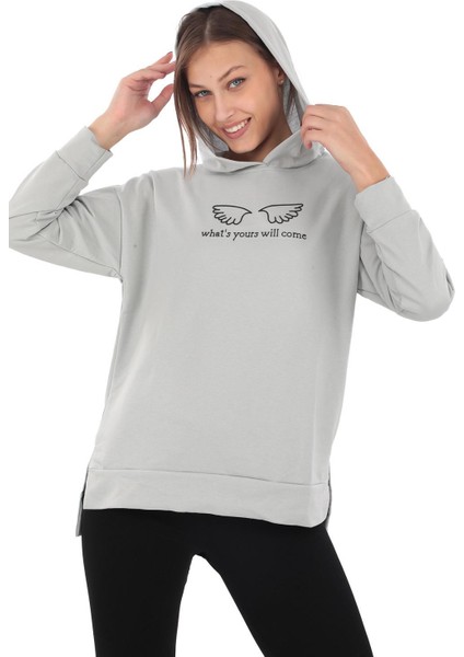 Kapüşonlu Önü Kanat Detaylı Gri Kadın Sweatshirt (PCST069)