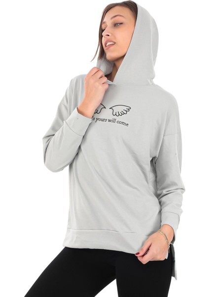 Kapüşonlu Önü Kanat Detaylı Gri Kadın Sweatshirt (PCST069)