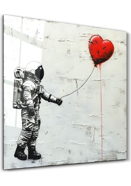 Heart Balloon in the Astronaut's Hand | Banksy Style Cam Duvar Tablosu