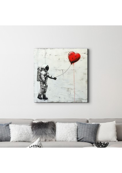 Heart Balloon in the Astronaut's Hand | Banksy Style Cam Duvar Tablosu