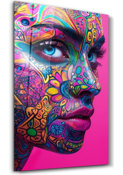 Psychedelic Floral Portrait | Cam Duvar Tablosu