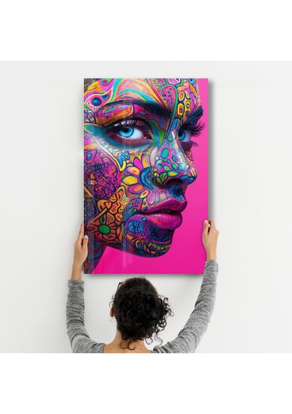Psychedelic Floral Portrait | Cam Duvar Tablosu