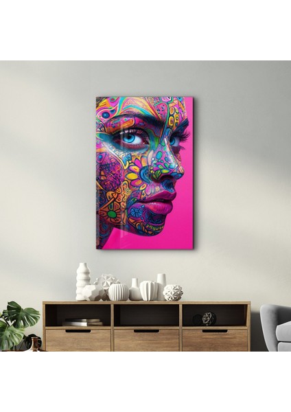 Psychedelic Floral Portrait | Cam Duvar Tablosu